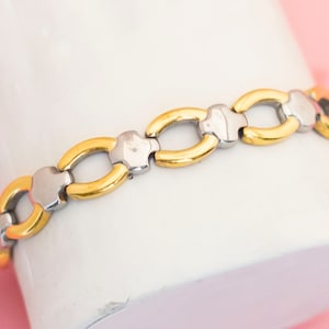 Vintage Stainless Steel Gold Tone Elegant Oval Chains Silver Tone Links Bracelet 7 inch - X20