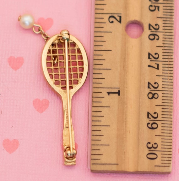 Vintage Tennis Racket Chained Faux Pearl Brooch b… - image 2