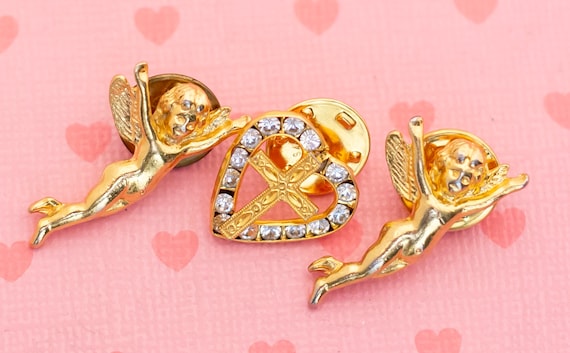 Vintage Angels Of Love Gold Tone Religious Pins -… - image 2