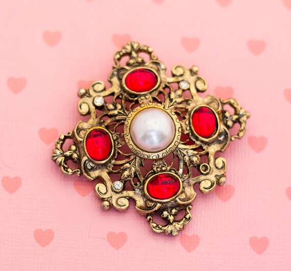 Vintage Victorian Faux Pearl Red Rhinestones Broo… - image 1