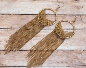 Vintage Intricate Dangling Tassel Chains Gold Tone Dangle Earrings - X24