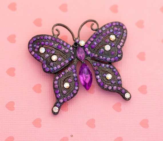 Vintage Art Deco Purple Rhinestone Butterfly Broo… - image 1