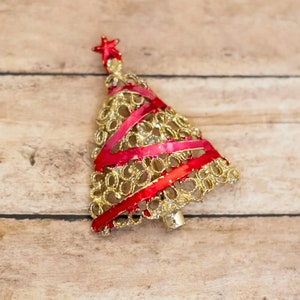 Vintage Red Ribbon Wrap Christmas Tree Brooch - W21
