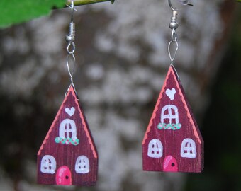 Handmade Cottage Earrings: Painted purpleheart wood - One of a Kind