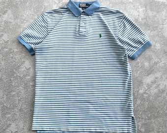 Vintage 90s Ralph Lauren Blue Striped Polo Tee Shirt