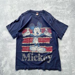 Vintage 90s Mickey Mouse Striped Mickey Unlimited Disney Tee Navy Shirt
