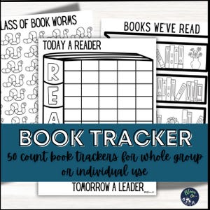 Könnte beinhalten: Druckbare Buch-Tracker mit dem Text "BOOK TRACKER" und "50 count book trackers for whole group or individual use." Die Designs umfassen ein Leseprotokoll, ein Bücherregal und Illustrationen von Würmern.