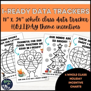 May include: Four printable black and white data tracker charts with holiday themes. The charts feature a pumpkin, a turkey, a Christmas tree, and a heart. Each chart has a grid with a goal of 50, and the text "Our goal is 50 100% I-Ready scores".