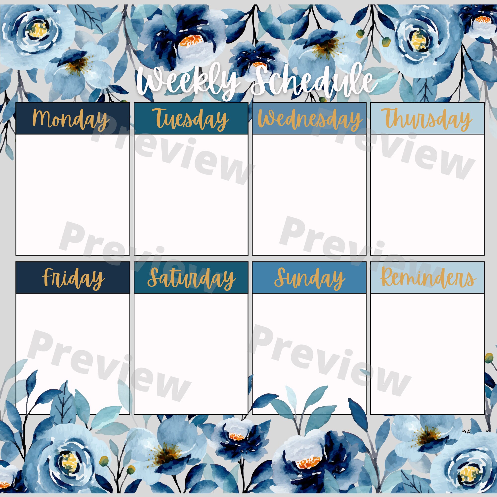 Blue Floral Weekly Planner Printable, Minimalist Organizer (digital ...