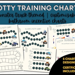 Puede incluir: Cinco tablas de entrenamiento para ir al baño imprimibles con camiones monstruo. Las tablas incluyen una variedad de diseños, que incluyen un juego de mesa, una tabla de pegatinas y un certificado. Las tablas son personalizables y se pueden usar para fomentar el entrenamiento para ir al baño.