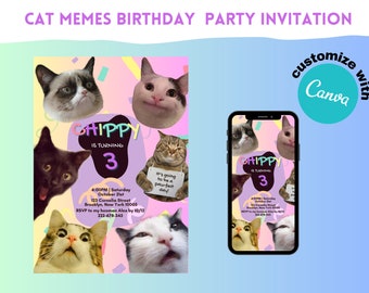 Cat Memes Birthday Invitation, Editable Cat Birthday Invitation, Cats Meme Invitation, Funny Cats Invitation, Cats Invitation Canva Template