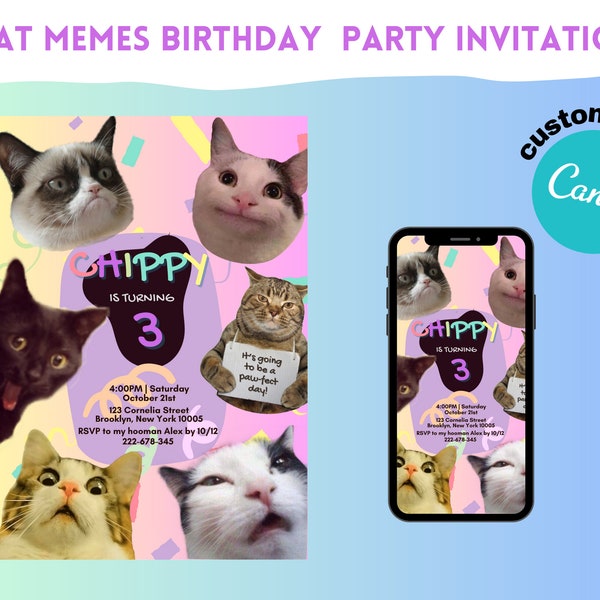 Cat Memes Birthday Invitation, Editable Cat Birthday Invitation, Cats Meme Invitation, Funny Cats Invitation, Cats Invitation Canva Template