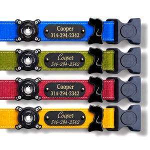 May include: Four pet collars in blue, olive green, red, and yellow, each featuring a black plastic buckle, a black AirTag holder, and a black nameplate engraved with the name Cooper and the phone number 314-294-2342 in a gold-colored font.
