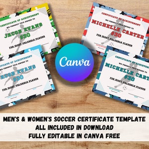 Editable Soccer Certificate Template Mens and Womens Canva Template Etsy