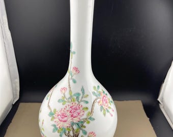 Jarrón de porcelana china con flores y poemas dibujados a mano (alto 27 cm)
