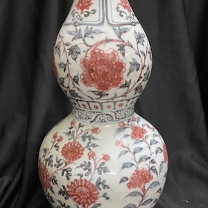 Jarrón chino de porcelana china de color azul oscuro rojizo con forma de calabaza y peonía de margaritas dibujadas a mano, alto 32 cm