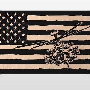 May include: A wooden American flag with a black and tan color scheme. The flag features the stars and stripes design, with a detailed silhouette of a helicopter superimposed over the stripes.