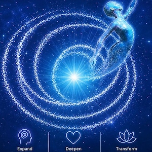 May include: A digital illustration depicts a luminous figure in a graceful pose, surrounded by swirling, sparkling lines against a deep blue starry background. The image includes text that reads "Expand Consciousness", "Deepen Well-Being", and "Transform Your Life".
