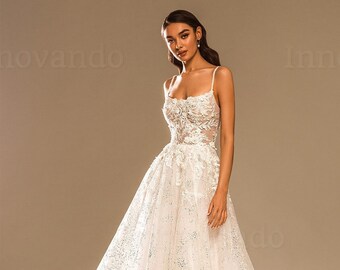 Custom Made Glamorous Bridal Gown with Thin Spaghetti Straps Classic A line style 3D Flower Lace Applique