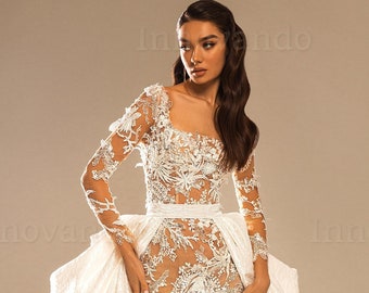 Stunning Handmade Bridal Wedding Gown Long Sleeves whit Detachable Overskirt