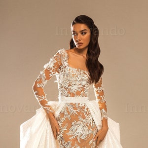 Stunning Handmade Bridal Wedding Gown Long Sleeves whit Detachable Overskirt