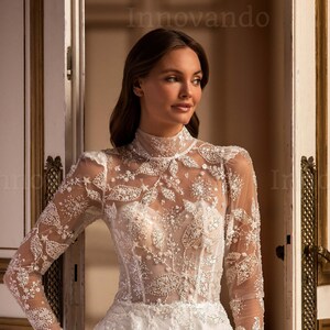 Mockneck Neckline Wedding Dress A-line Silhouette Long Sleeve Beaded and Embroidery with Lace Applique