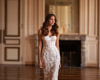 Mermaid Wedding Gown dazzles with 3D Flower Lace Applique  ,Glitter and Sequins