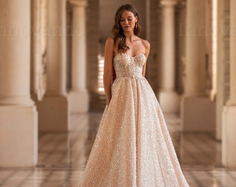 Spectacular Sweetheart Neckline A-line Wedding Dress with Lace Applique ,Glitter and Pearls