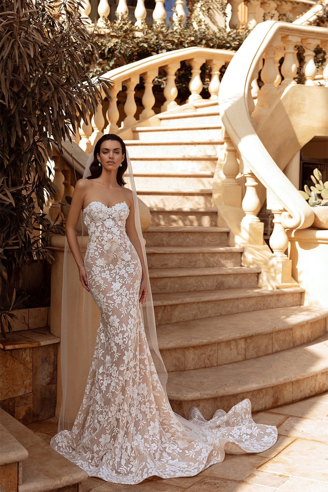 Beaded Strapless Mermaid Long Bridal Gown