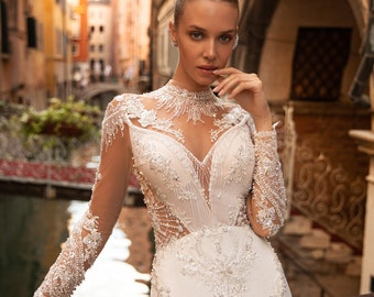 Luxury Long Sleeves Lace Mermaind Wedding Dress,Trumpet Silhouette Bridal Dress embroidery