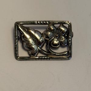 Petite Sterling Silver Brooch with an Art Nouveau / Art Deco styled Flower & Leaf in a Rectangle