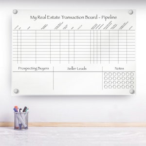 May include: Whiteboard with the title "My Real Estate Transaction Board - Pipeline". The board is divided into sections for "Prospecting Buyers", "Seller Leads", and "Notes". The "Notes" section has a grid of small house icons.