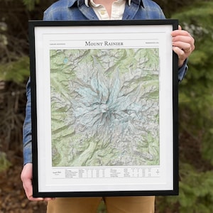 Mt. Rainier Mountaineer&#39;s Map | Cascade Mountains, WA | Hillshade Art Poster + Topography Print | Hiking, Backpacking, Camping