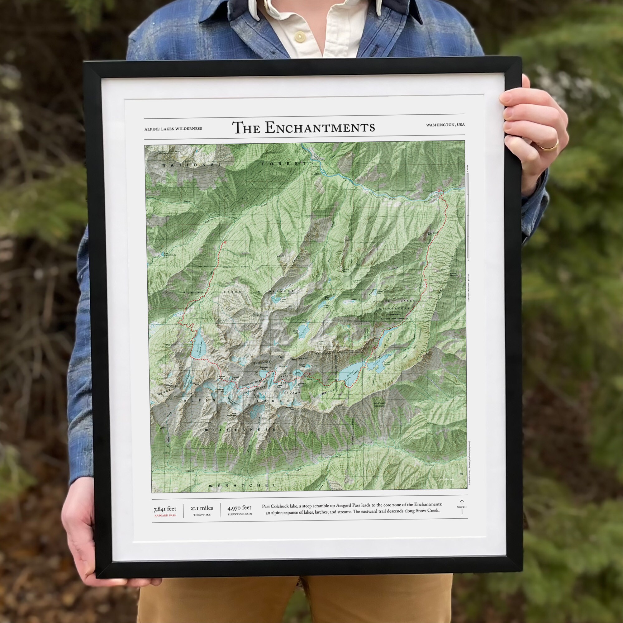 The Enchantments Trail Map Alpine Lakes Wilderness, WA Framed Print or 