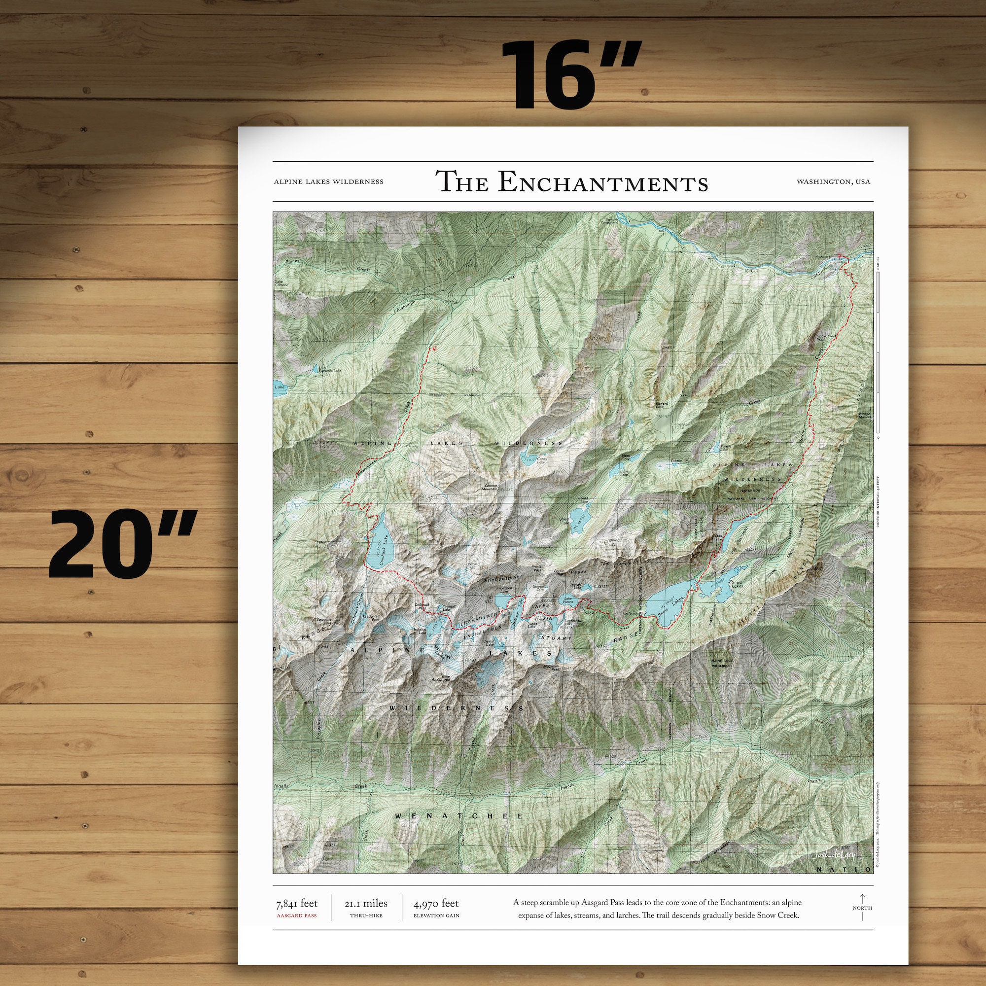 The Enchantments Trail Map Alpine Lakes Wilderness, WA Framed Print or 