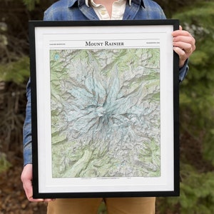 Mt. Rainier Map | Cascade Mountains, WA | Framed Prints + Posters | Hillshade + Topography | Hiking, Backpacking, Camping, Mountaineering