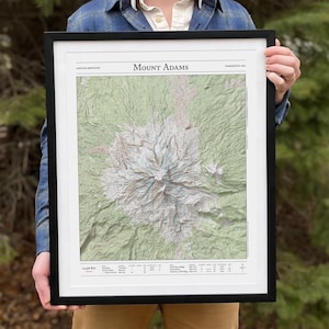 Mt. Adams Mountaineer&#39;s Map | Cascade Mountains, WA | Hillshade Art Poster + Topography Print | Hiking, Backpacking, Skiing