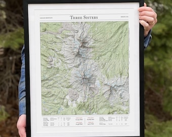 May include: A framed map of the Three Sisters Wilderness in the Cascade Mountains of Oregon. The map shows the trails, elevation, and other features of the area. The map is printed on white paper and has a black frame.