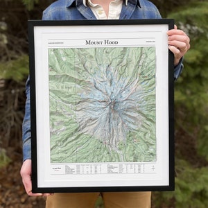 Mt. Hood Mountaineer&#39;s Map | Cascade Mountains, OR | Hillshade Art Poster + Topography Print | Hiking, Backpacking, Camping, Peak, Oregon