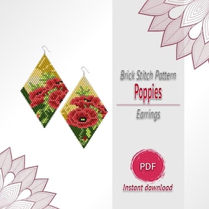 Poppy Flower Beaded Earrings Pattern PDF, Brick Stitch Miyuki Delica Chart