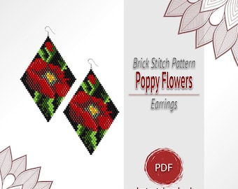 Poppy Flower Beaded Earrings Pattern PDF, Brick Stitch Chart