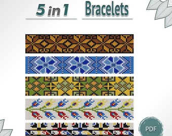 Bead Loom Bracelet Pattern Set 5 Designs, Folk and Geometric Bracelets