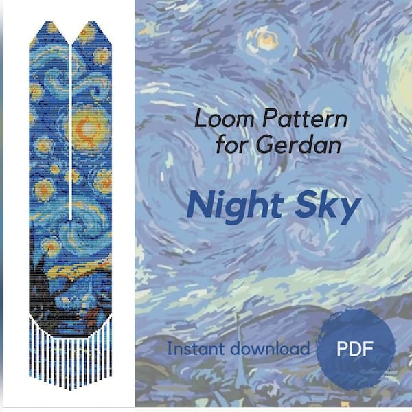 Starry Night beaded necklace pattern by Van Gogh painting, Night Sky PDF beaded gerdan, Beading loom pattern based on Preciosa seed beads