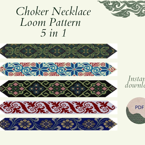 Beaded Choker Necklace pattern, PDF beading loom pattern based on Preciosa Rocailles 11/0 seed beads, Bead weaving pattern 5 in 1