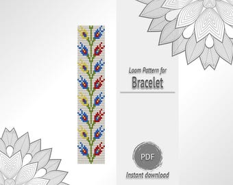 Multicolor Folk Floral Bead Bracelet Pattern, Flower Seed Bead Loom Chart PDF