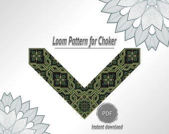 Black Green Gold Choker Pattern, V Shape Bead Loom Chart, Angled Necklace PDF