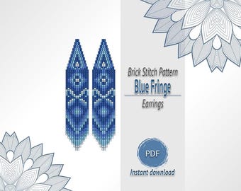 Blue Brick Stitch Earrings Pattern, Fringe Seed Bead PDF Design