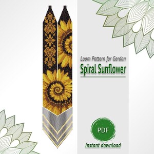 May include: A digital loom pattern for a gerdan necklace titled Spiral Sunflower. The design features a black background with yellow sunflower motifs and intricate geometric patterns, finished with a V-shaped beaded fringe at the bottom.