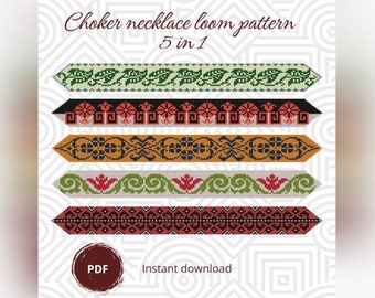 Beaded Choker Necklace pattern, PDF beading loom pattern based on Preciosa Rocailles seed beads, Bead weaving pattern 5 in 1