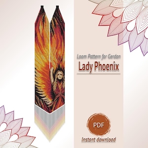 May include: A digital loom pattern for a gerdan necklace titled Lady Phoenix. The design features a central figure with large, fiery orange and red wings, finished with a long, pointed fringe of vertical beads in shades of red, orange, and black.